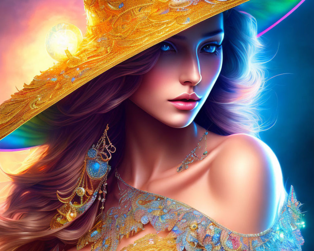 Woman with luminous skin and golden hat in vibrant neon colors