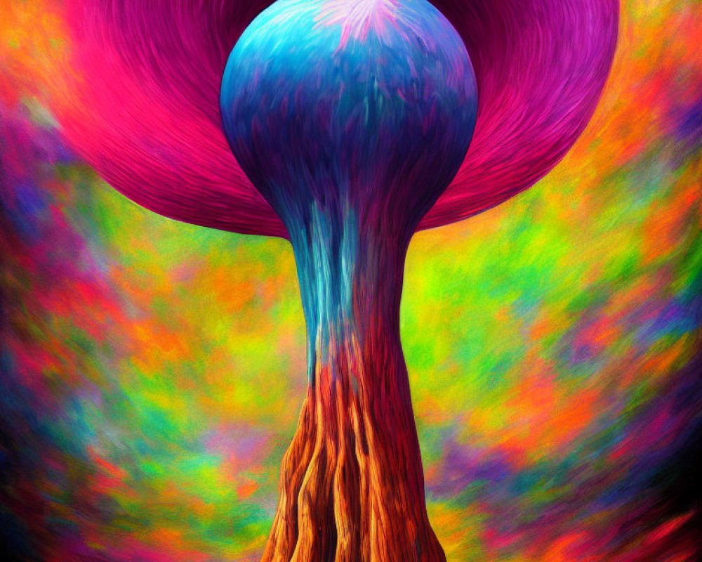 Colorful psychedelic tree illustration under swirling pink sky