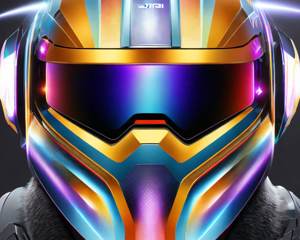 Colorful Futuristic Helmet with Reflective Visor and Neon Designs