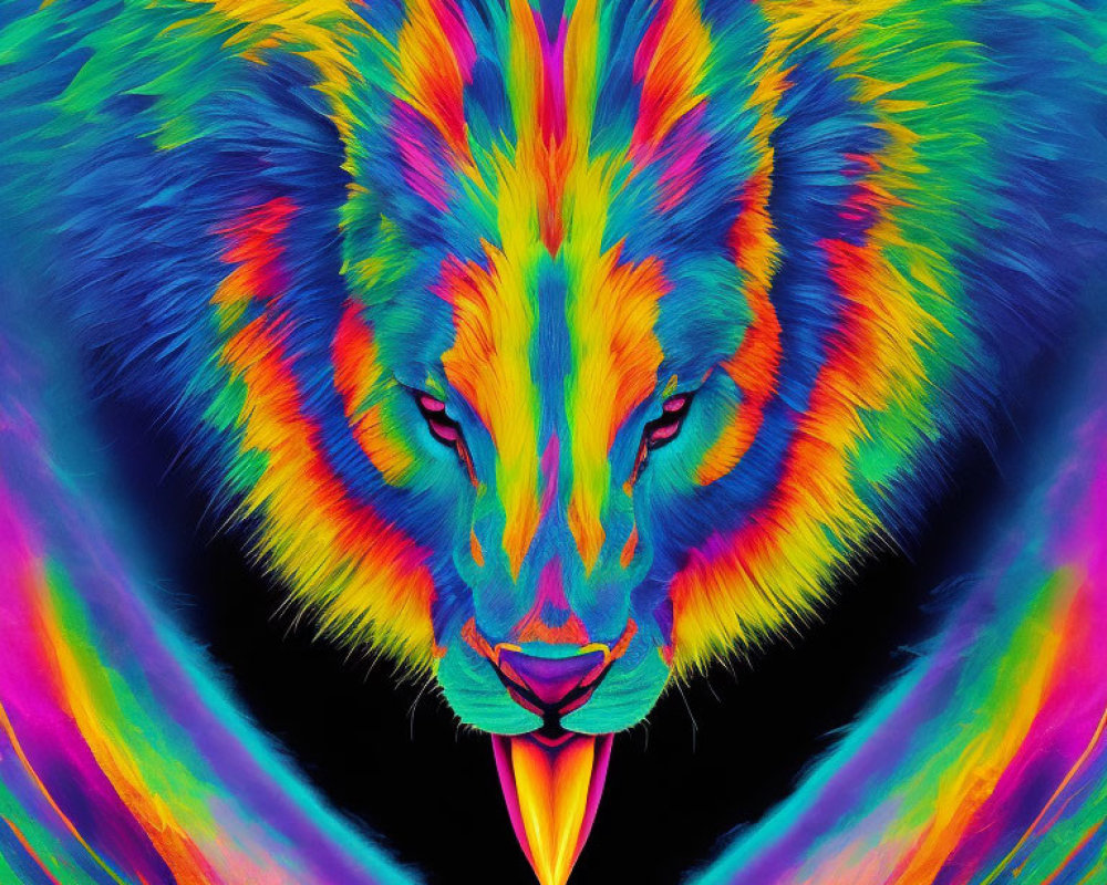 Symmetric neon lion digital artwork with vibrant color palette