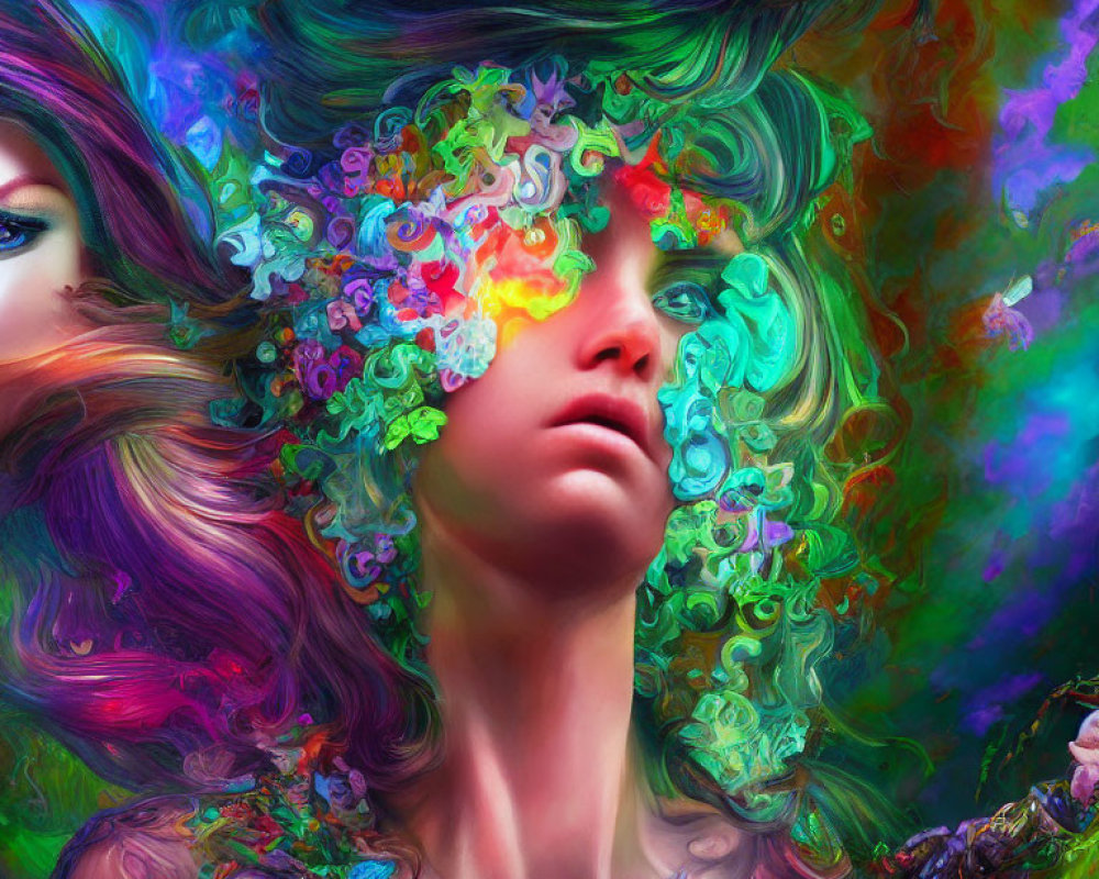 Colorful digital artwork: Person with floral-like substance melting into vivid hues.