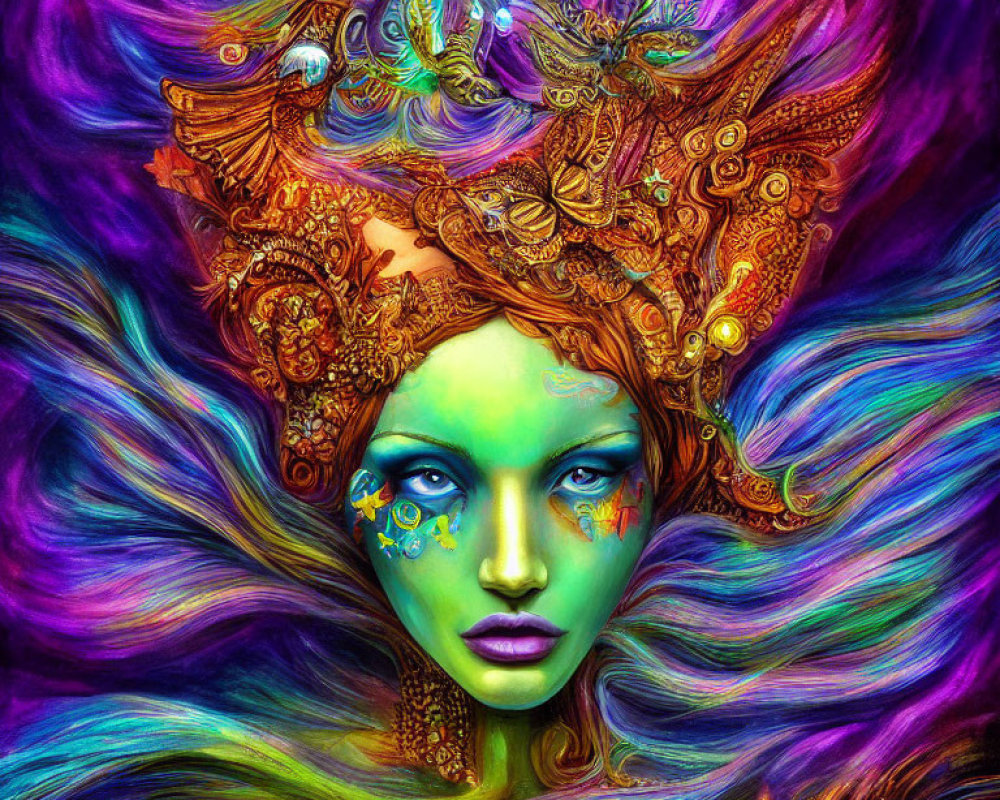 Colorful digital artwork featuring woman with blue skin and intricate golden headdress