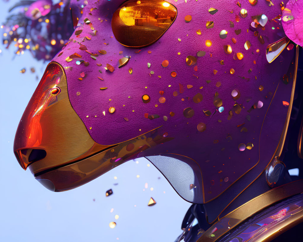 Surreal purple and gold cheetah head with glossy surfaces in vibrant blue background