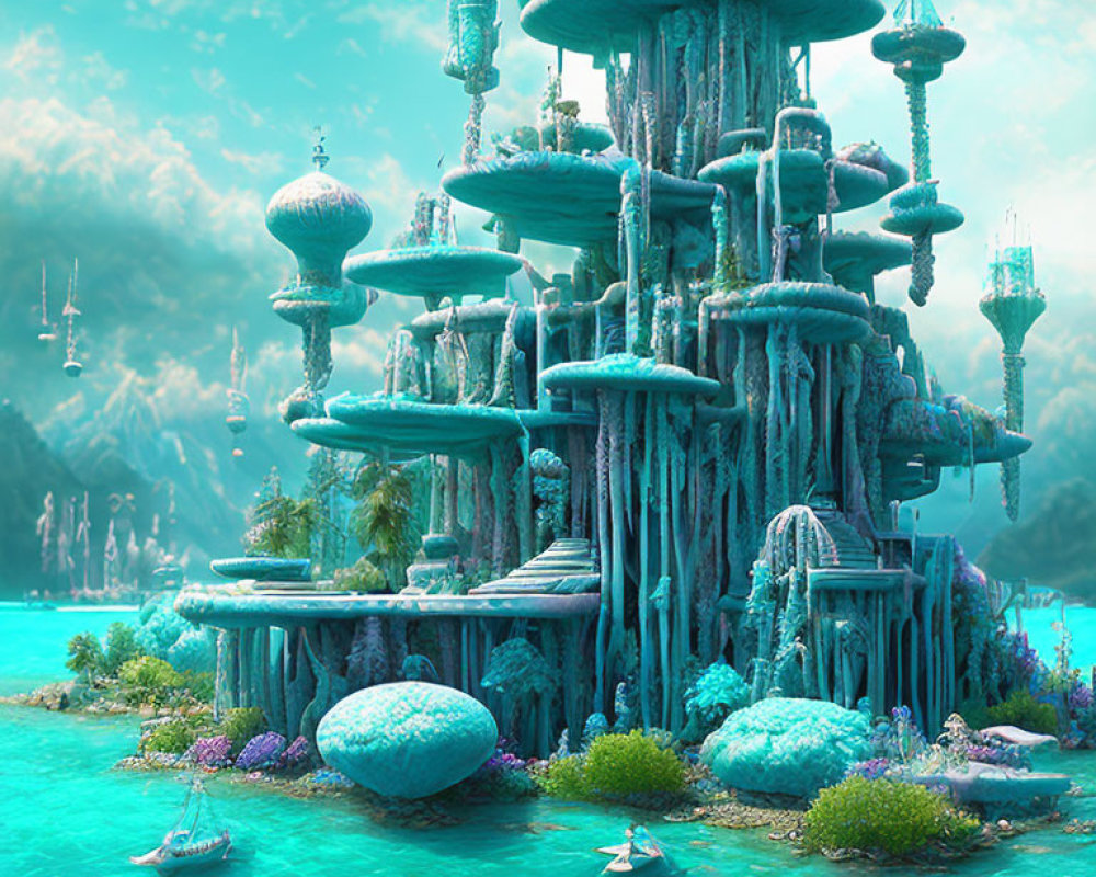 Turquoise-blue Fantasy Landscape with Mushroom-like Towers and Verdant Foliage