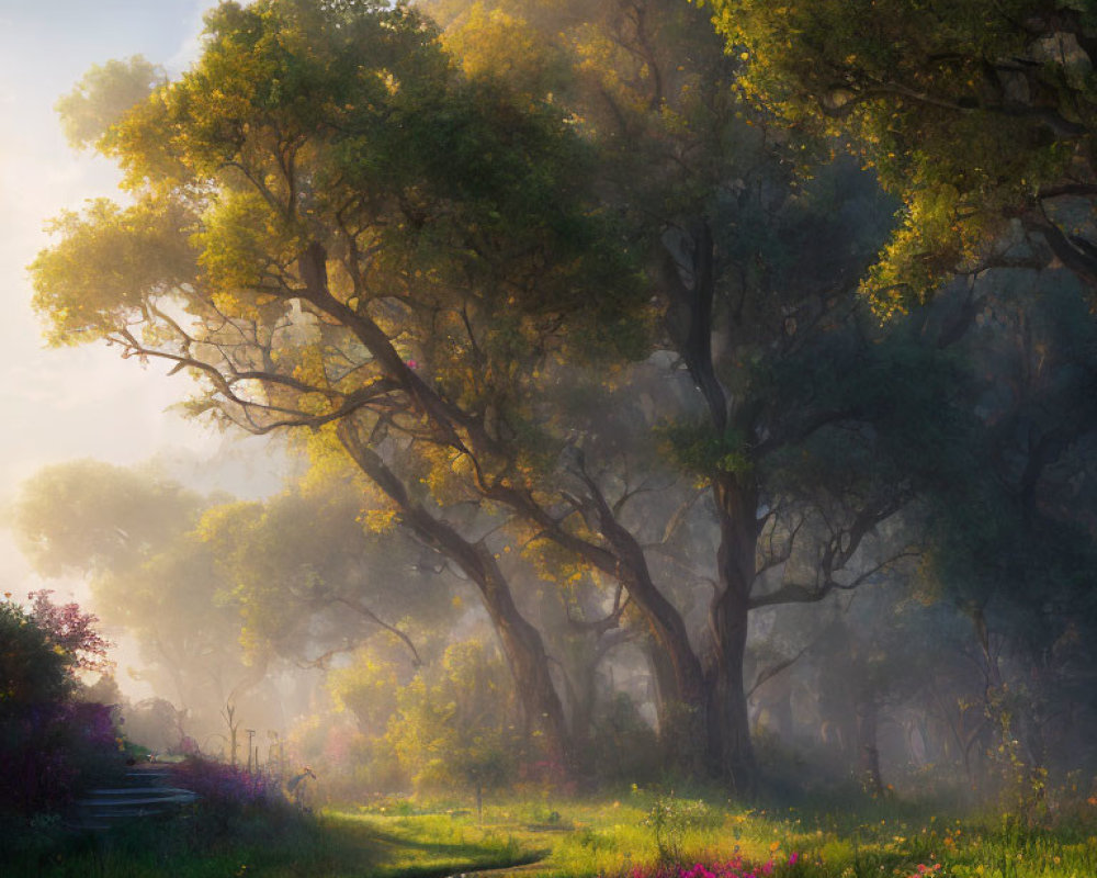 Sunlit forest path with mist and wildflowers