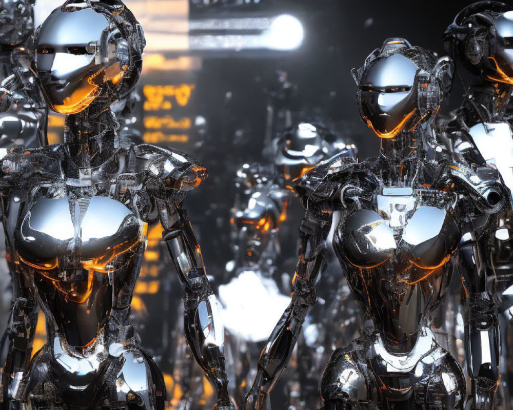 Sleek metallic humanoid robots in futuristic facility