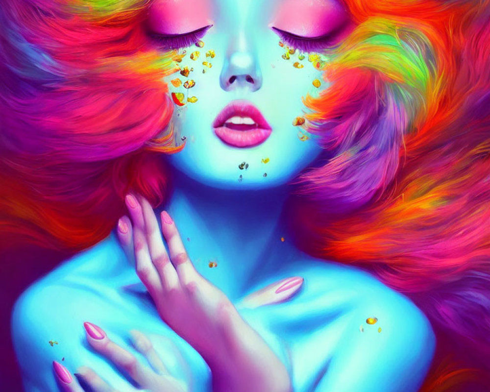 Colorful digital artwork: Woman with rainbow hair, closed eyes, bees on face, flowers on chest