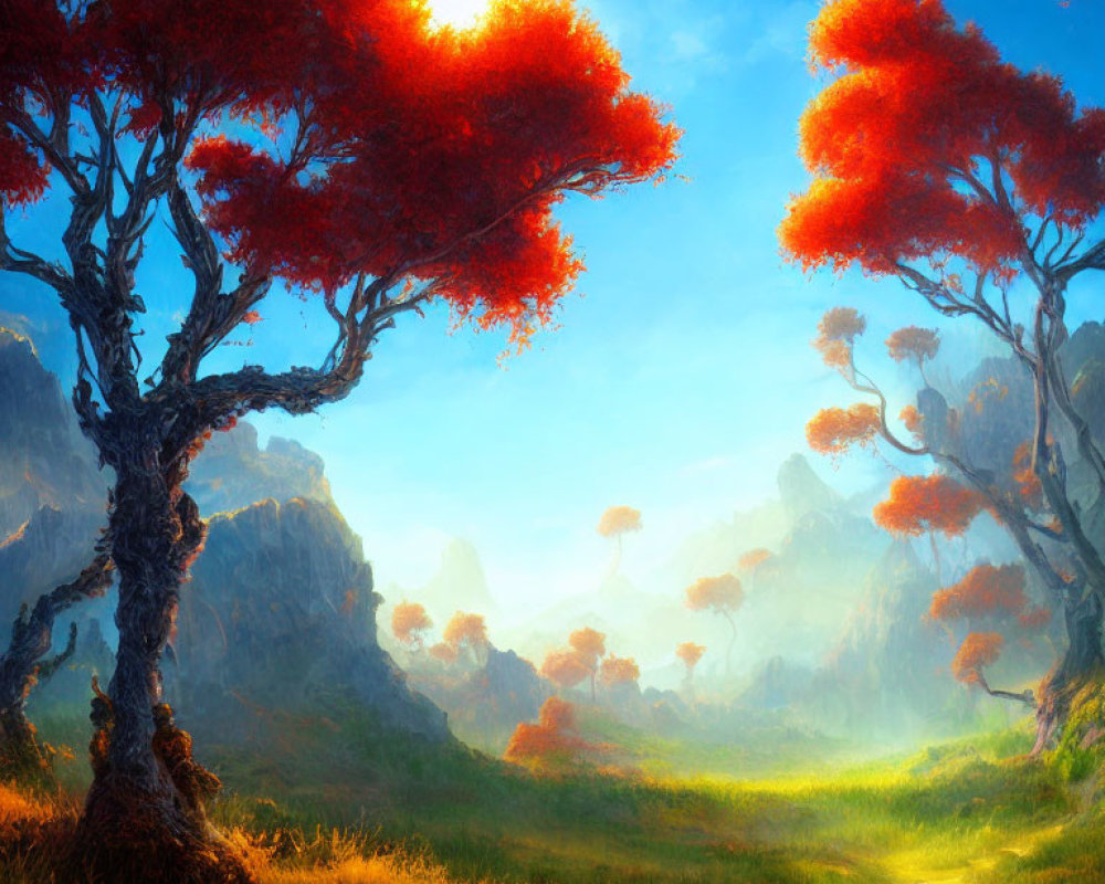 Vibrant red-leaved trees in sunlit landscape with misty mountains