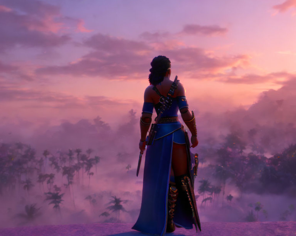 Fantasy character in armor gazes at tropical sunset with purple skies and palm trees