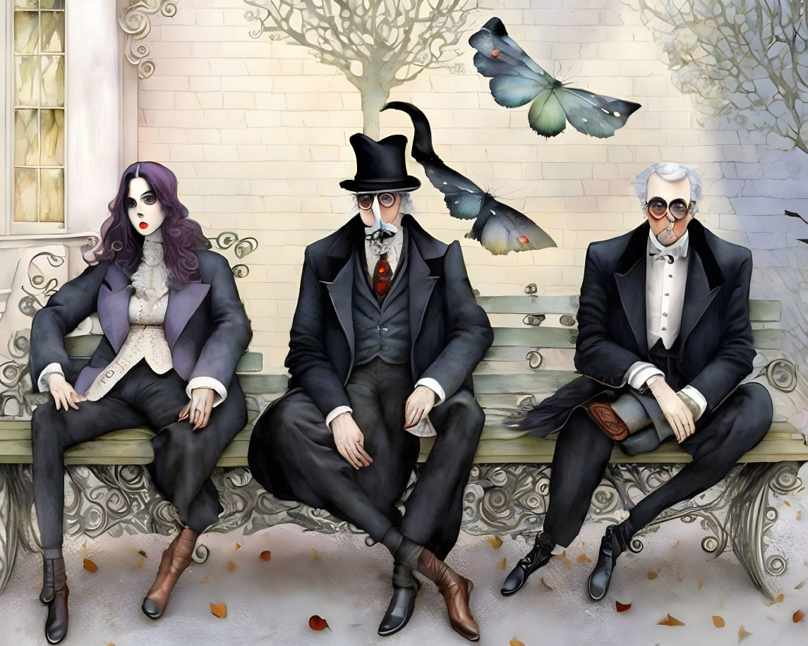 Stylized Victorian characters with animal heads on bench with butterfly