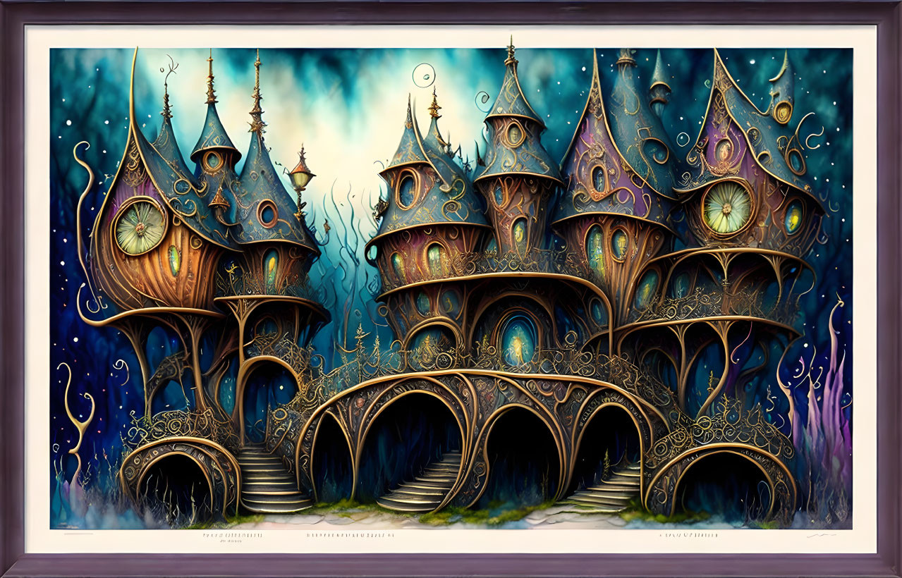 Vibrant painting of fantastical buildings with eyes and clock faces in a starry twilight sky