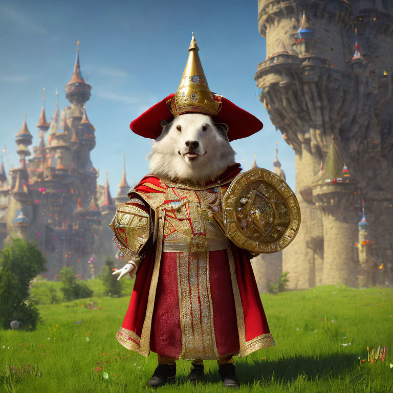 Whimsical guinea pig-headed character in red wizard attire with shield and wand by fantasy castle