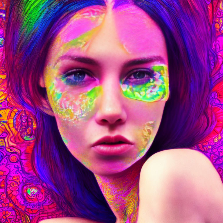 Colorful digital portrait of a woman with neon hair and paint-splattered face on psychedelic background