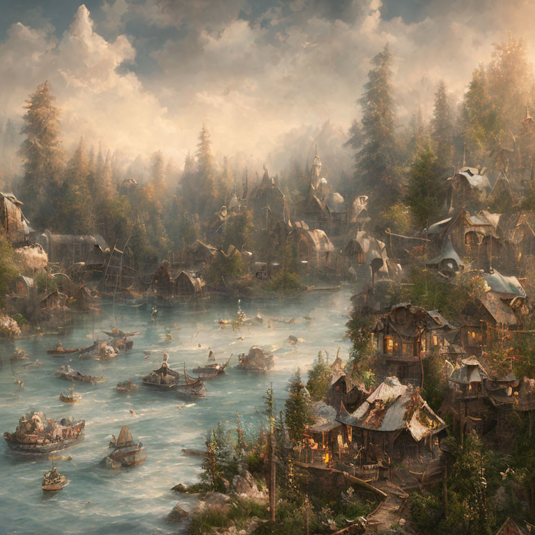 Rustic fantasy village by river with misty golden hues