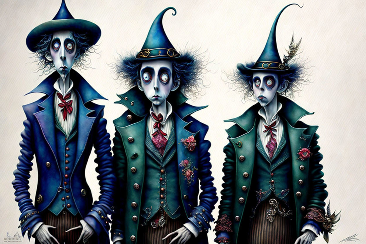 Whimsical characters with elongated faces in Victorian attire.