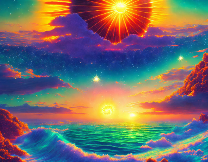 Colorful digital artwork: surreal sunset with multiple suns, neon waves, and stars in orange-t