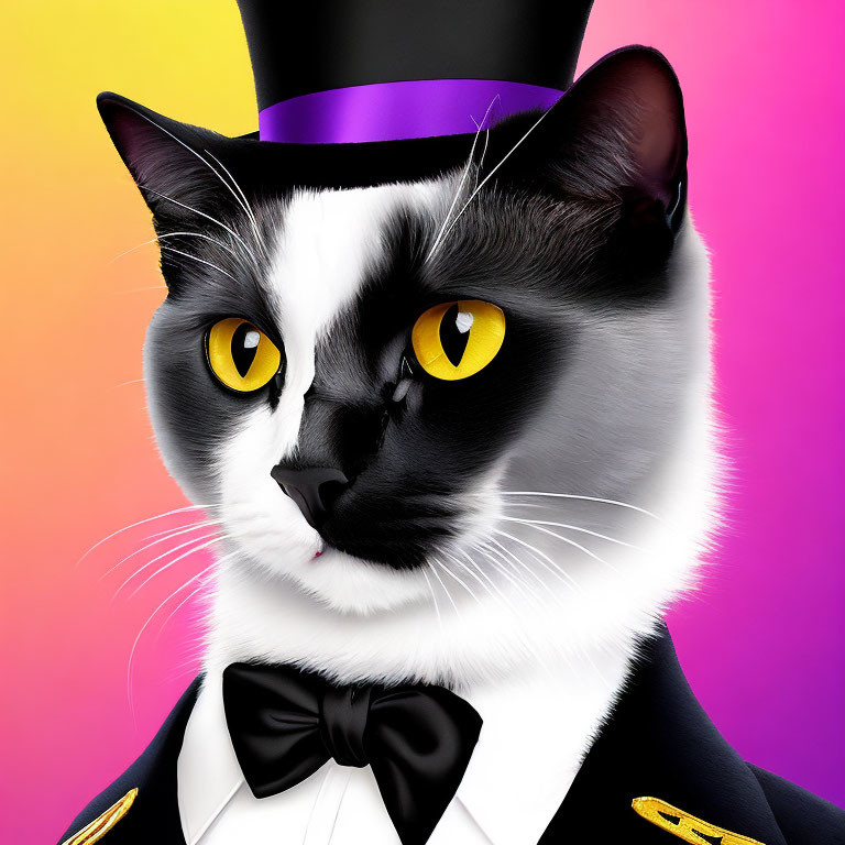 Stylized cat in formal attire with yellow eyes on colorful background