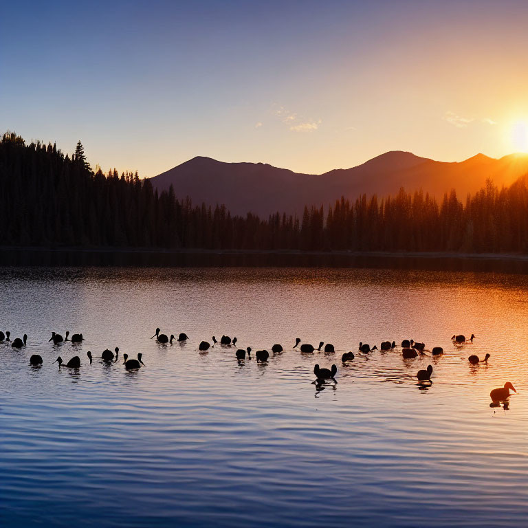 Tranquil Lake Sunset with Duck Silhouettes & Mountains