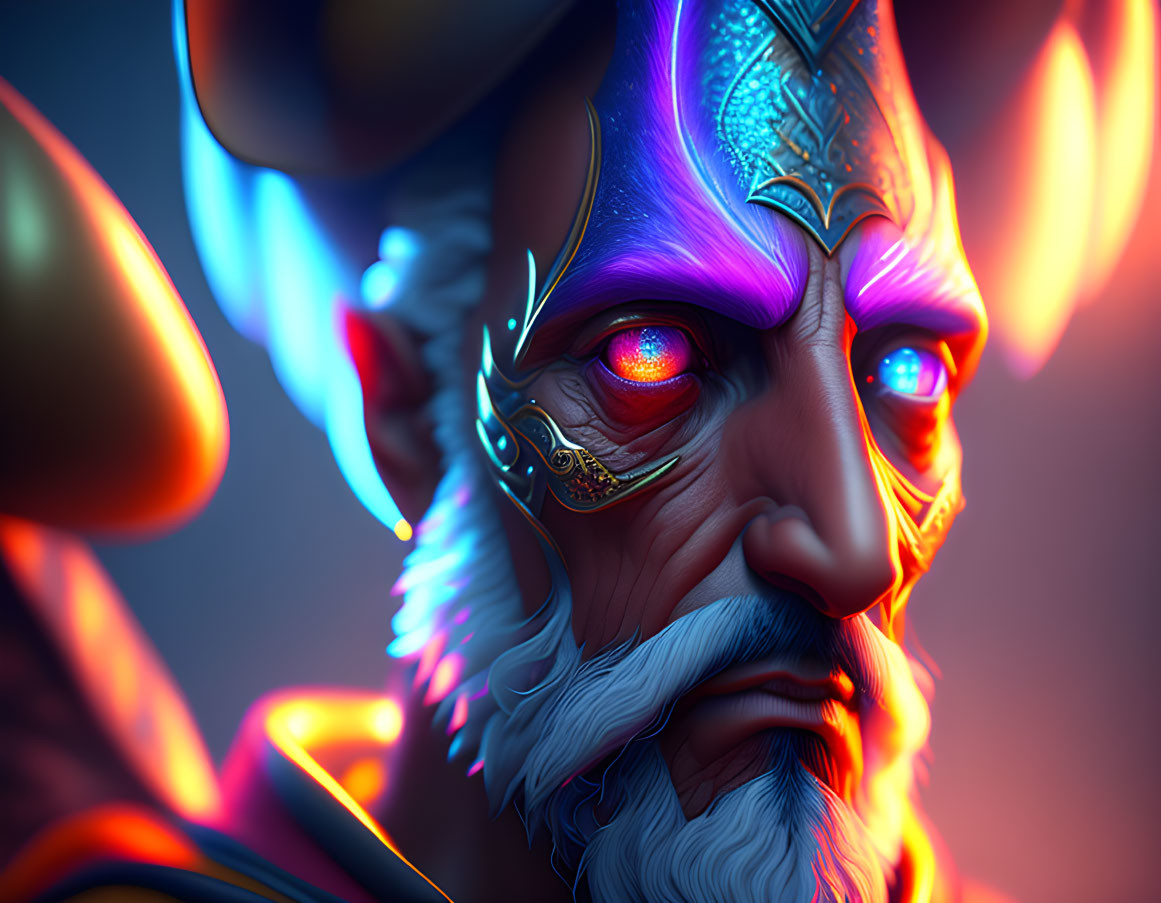 Colorful digital artwork: Elder fantasy character with glowing eyes, golden helmet, white beard