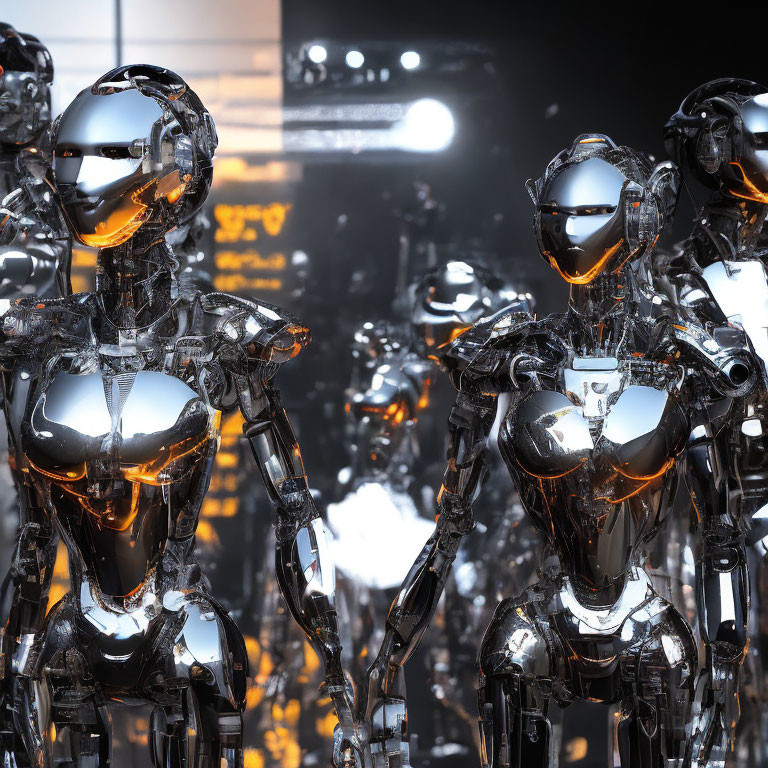 Sleek metallic humanoid robots in futuristic facility