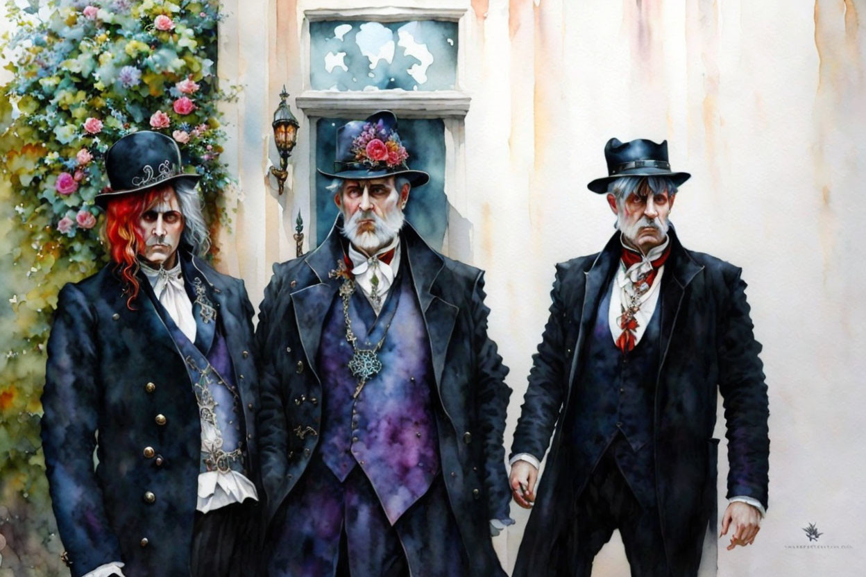 Three somber individuals in Victorian attire outside elegant flower-adorned building