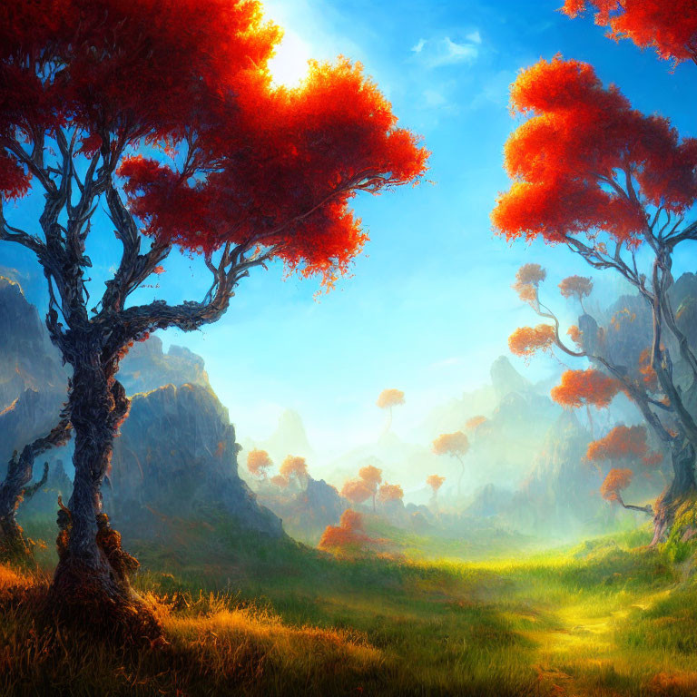 Vibrant red-leaved trees in sunlit landscape with misty mountains