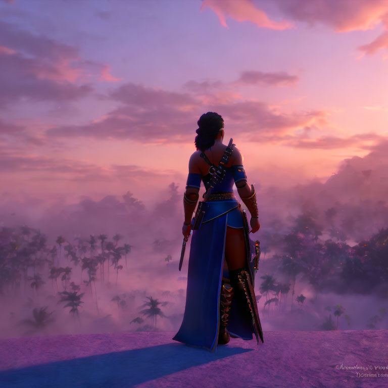 Fantasy character in armor gazes at tropical sunset with purple skies and palm trees