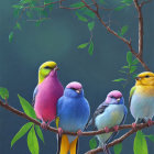 Vibrant Birds on Branch with Green Leaves on Dark Background