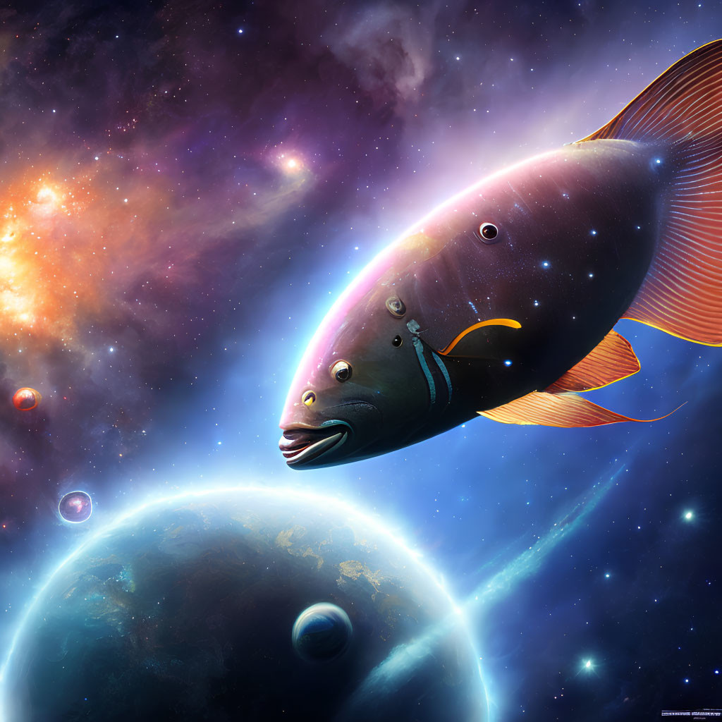 Colorful digital art: Large fish in cosmic scene