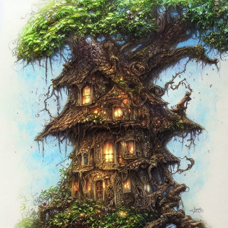 Detailed illustration of a glowing treehouse with intricate woodwork