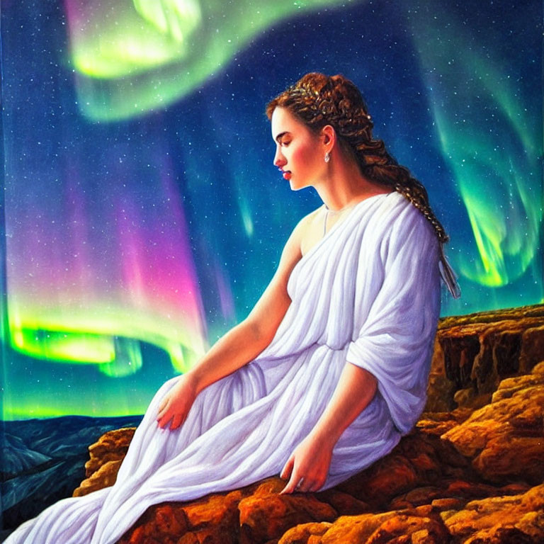 Woman in White Robes Contemplating Vibrant Aurora Sky