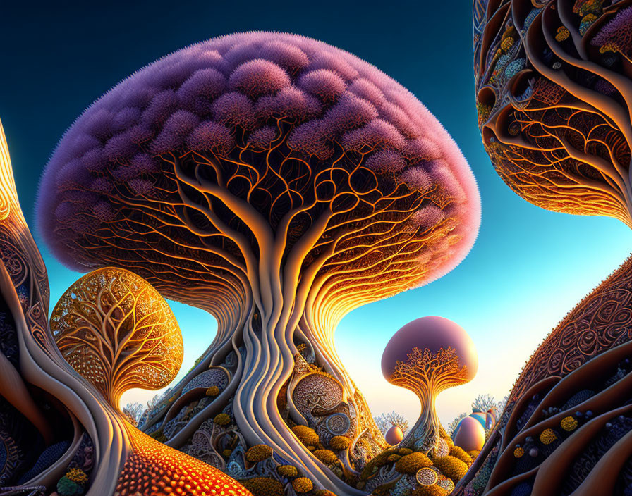 Vibrant surreal landscape with tree-like structures and mushroom canopies on blue sky.