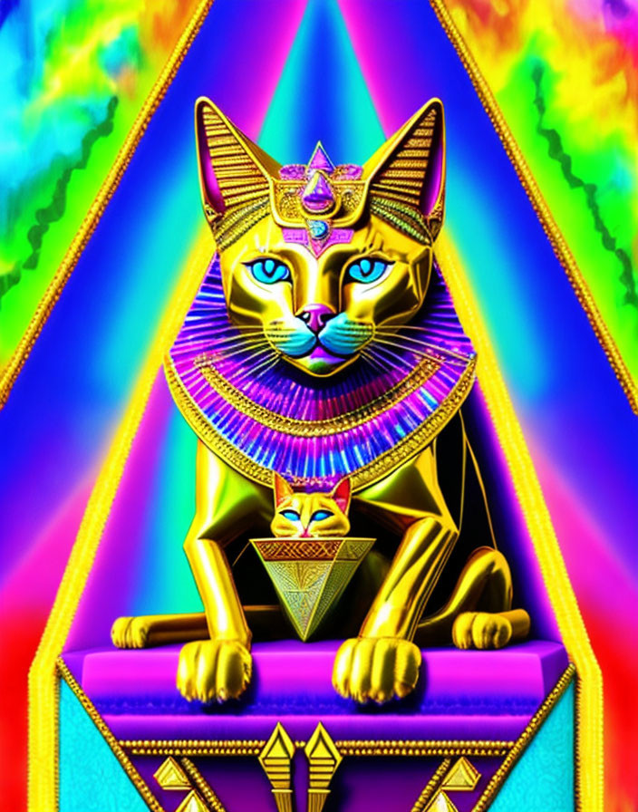 Vibrant digital artwork of stylized cat with Egyptian motifs