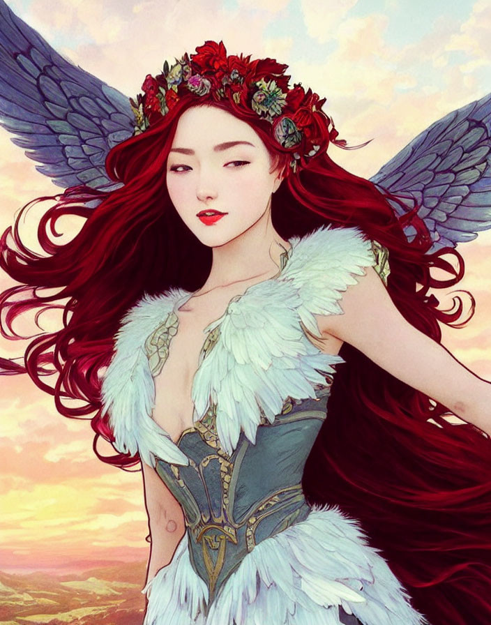 Illustration of winged woman with red hair in feathered dress under sunset sky