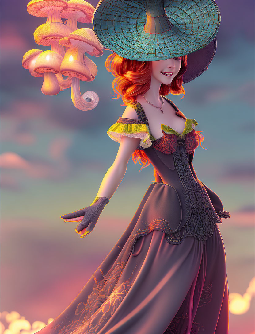 Smiling woman in wide-brimmed hat and corset dress in fantastical setting