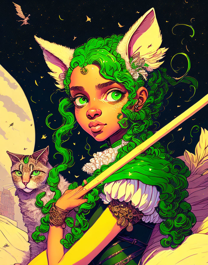 Fantasy illustration of girl with green hair, fox ears, arrow, cat, moon & starry