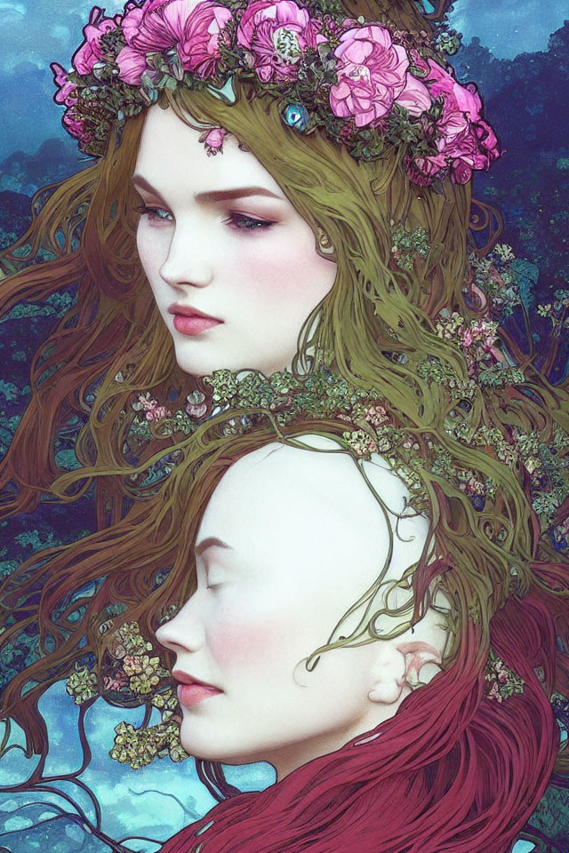 Two women with floral crowns: one red-haired facing forward, the other with pink blossoms in