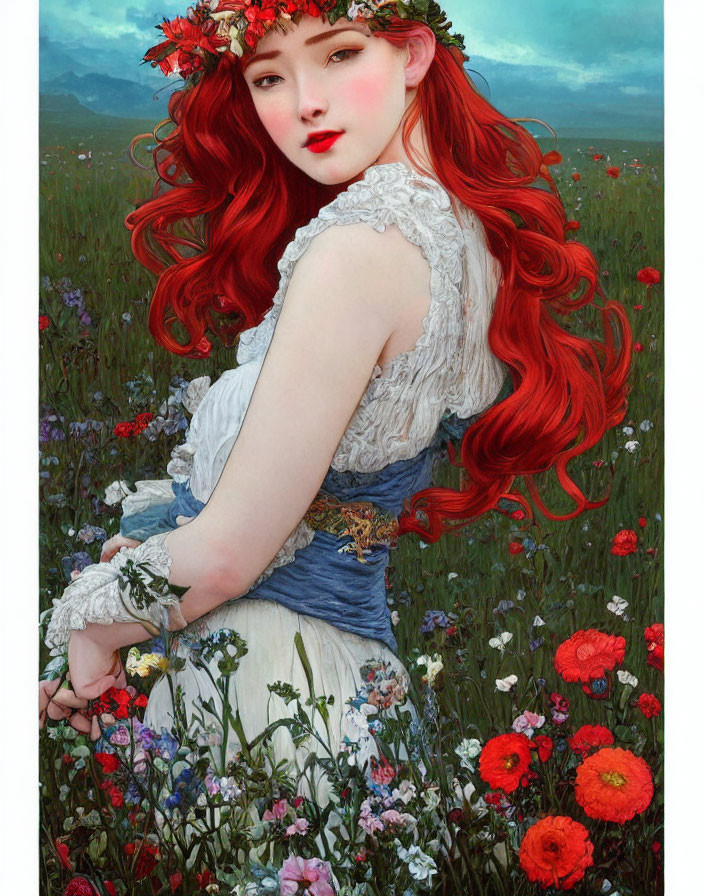 Red-haired woman in floral crown amid wildflowers in white lace dress with blue corset