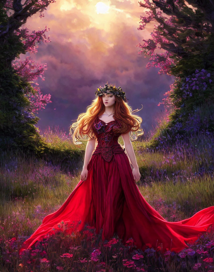 Woman in red dress with floral crown in purple meadow under dramatic sky