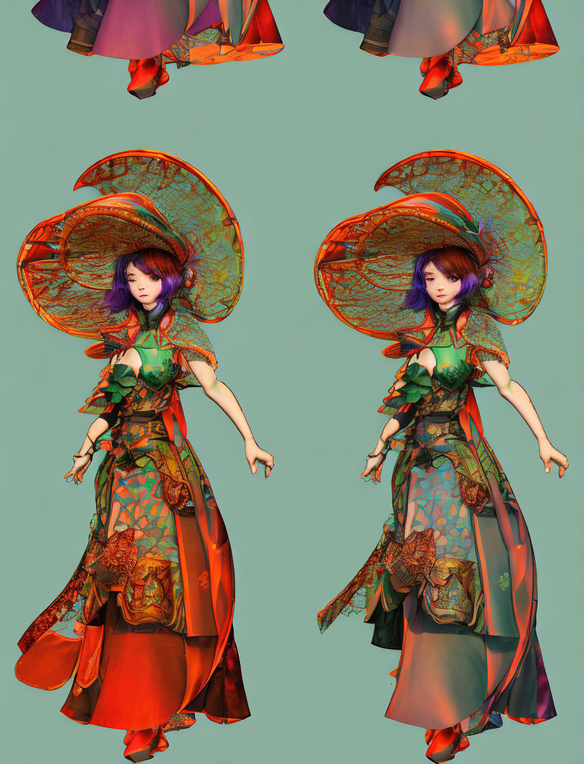 Stylized female character in wide-brimmed hat and ornate dress on teal background