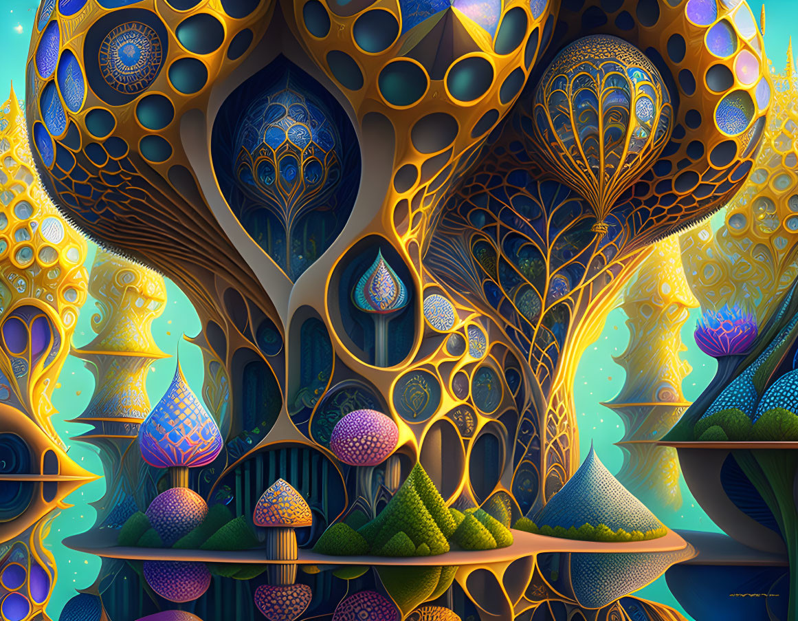 Colorful surreal landscape with mushroom-like structures and geometric backdrop