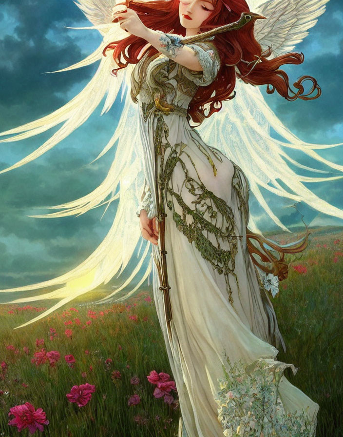 Ethereal woman with red hair and wings in green and white dress in meadow