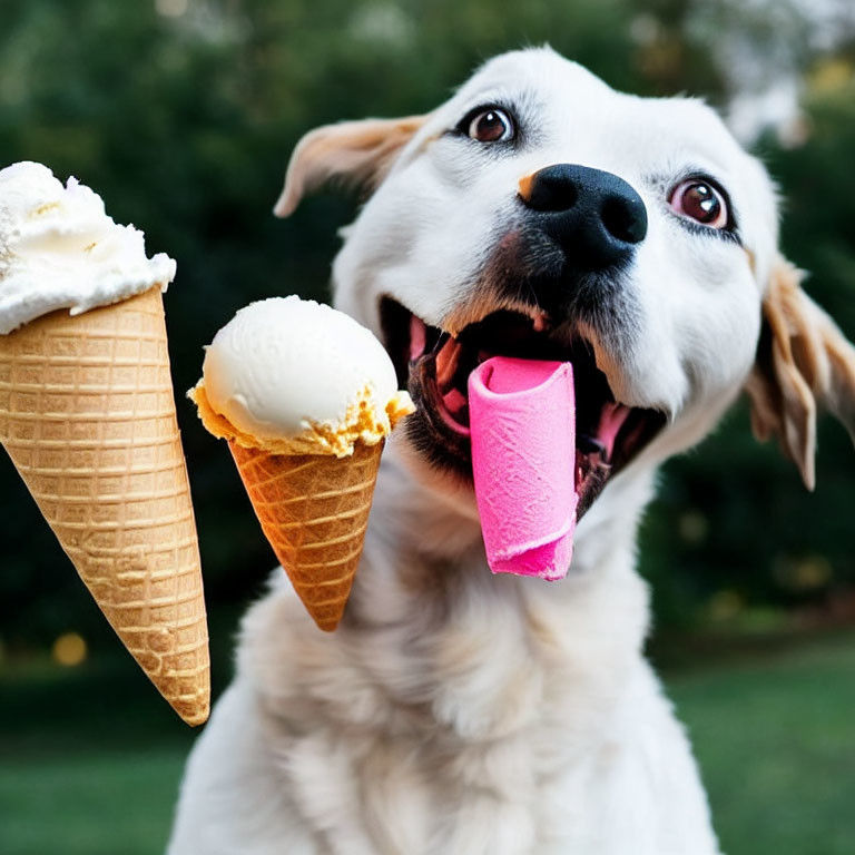 Happy dog holding pink wallet with ice cream cones nearby