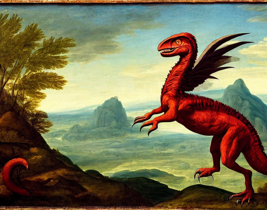 Red Dragon in Classical Landscape Painting with Mountains and Trees