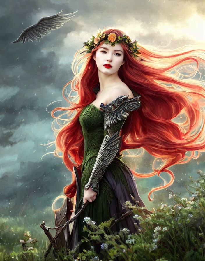 Fantasy Artwork: Woman with Red Hair and Green Dress in Nature