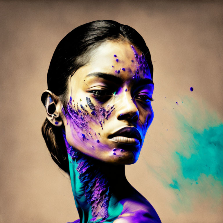 Colorful Paint Splashes Adorn Woman's Portrait on Tan Background