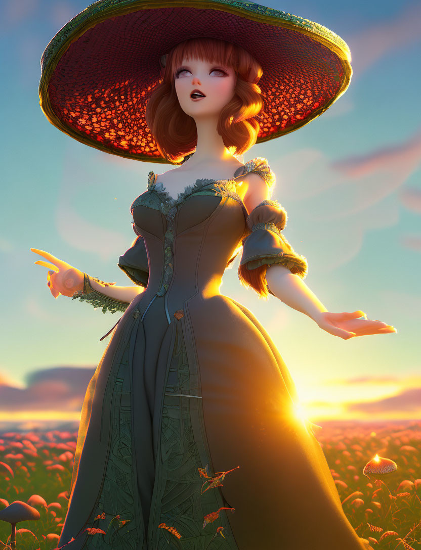 Animated woman in vintage dress and wide-brimmed hat in flower field at sunset