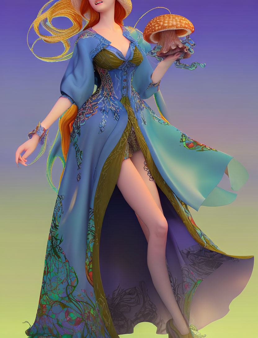 Red-Haired Fantasy Character in Blue and Green Gown with Glowing Lamp