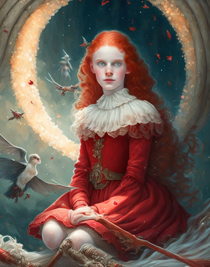 Red-haired girl in vintage red dress surrounded by birds in fantastical setting.