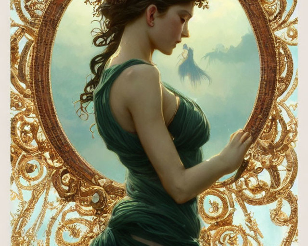 Profile of woman in green dress with ornate crown, framed by golden halo